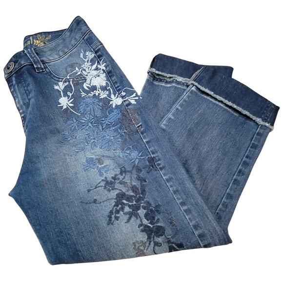 DESIGUAL Karen Floral Embroidered Cropped Jeans Womens 28 Pattern Garden Art - Picture 2 of 13